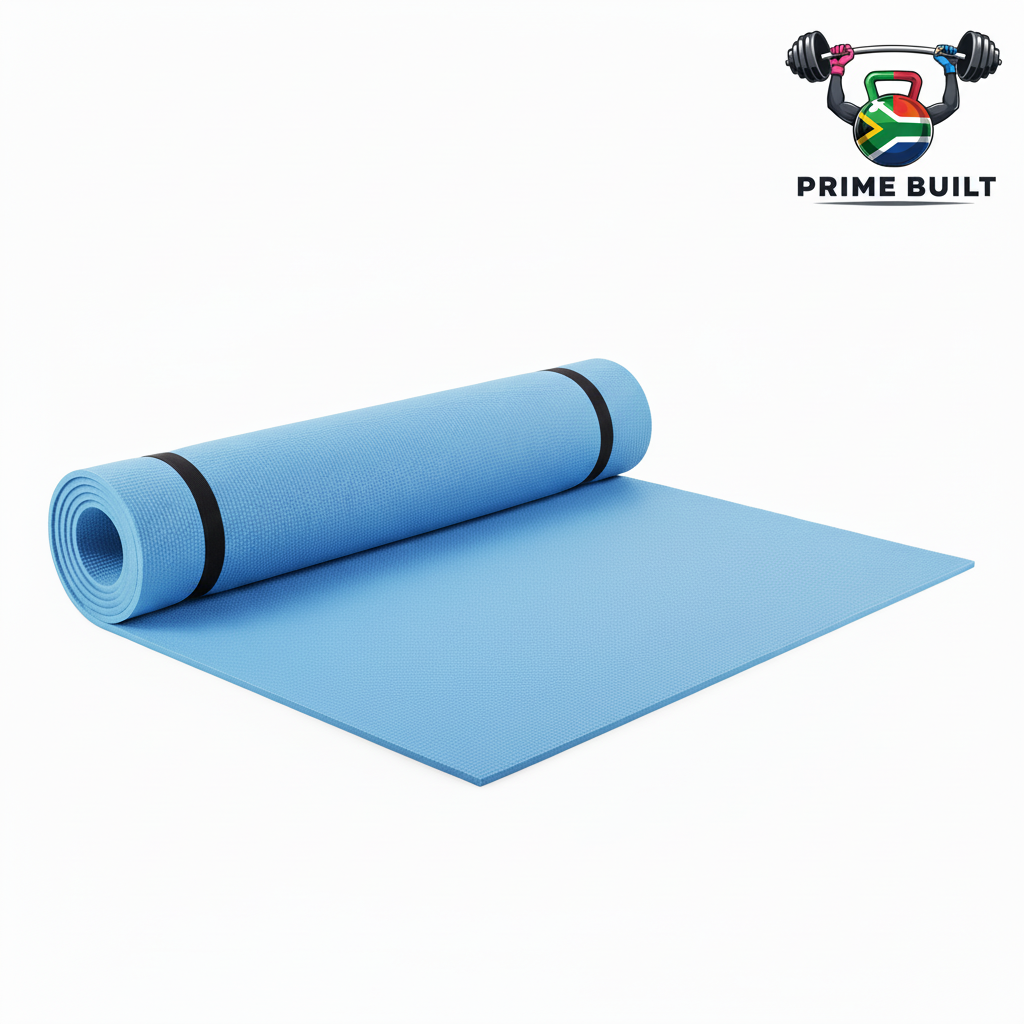Light blue exercise mat with Prime Built logo