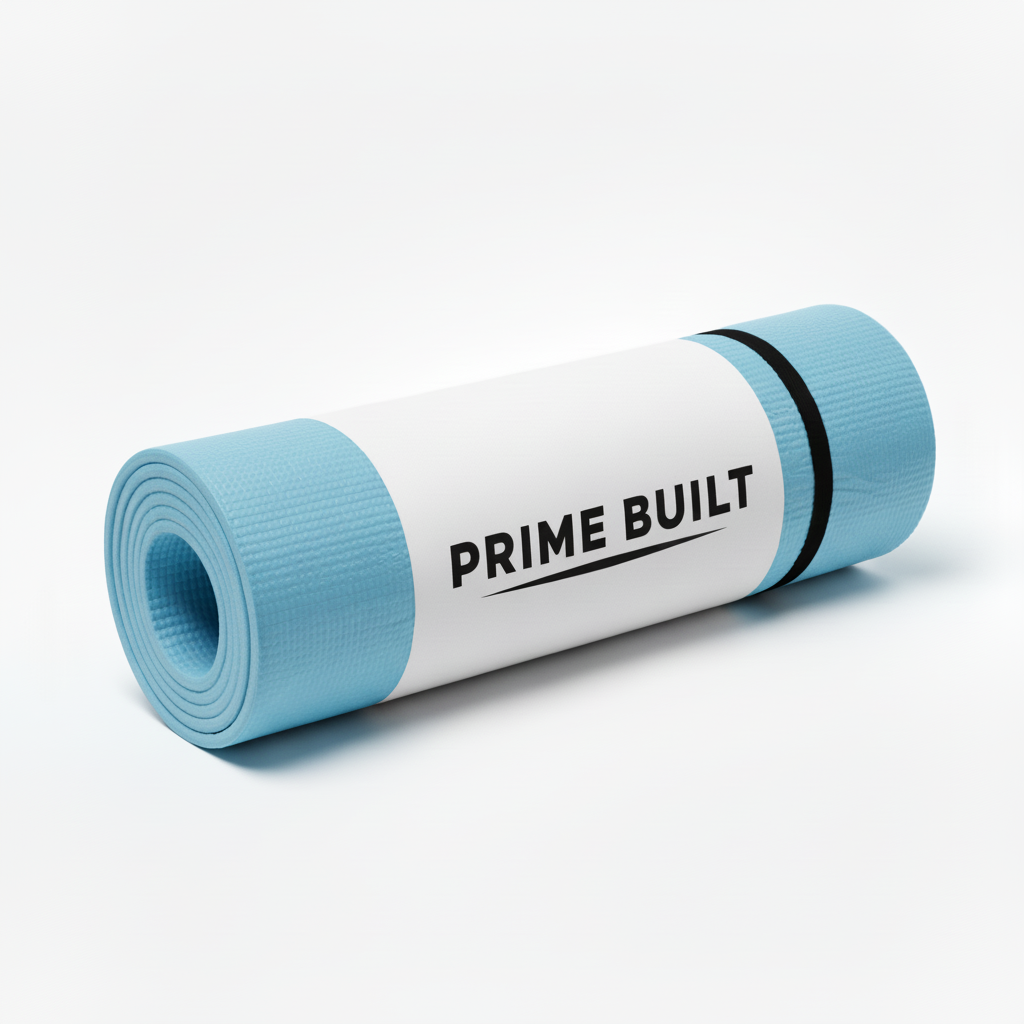 Light blue yoga mat with bold Prime Built text