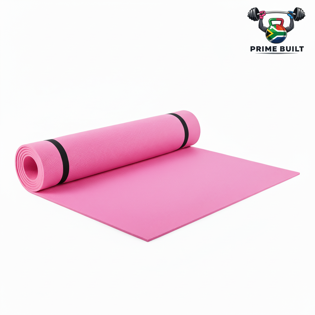 Pink exercise mat with Prime Built logo