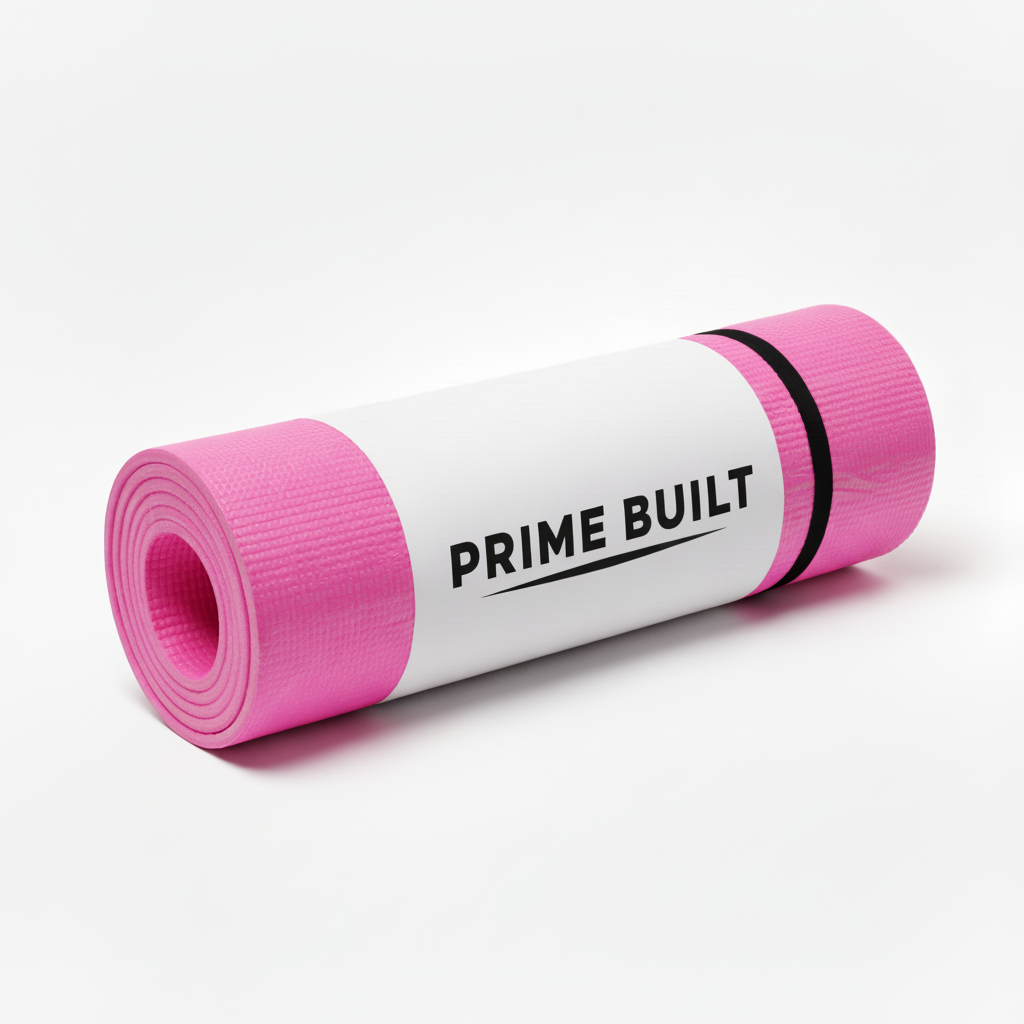 Pink yoga mat with bold Prime Built text
