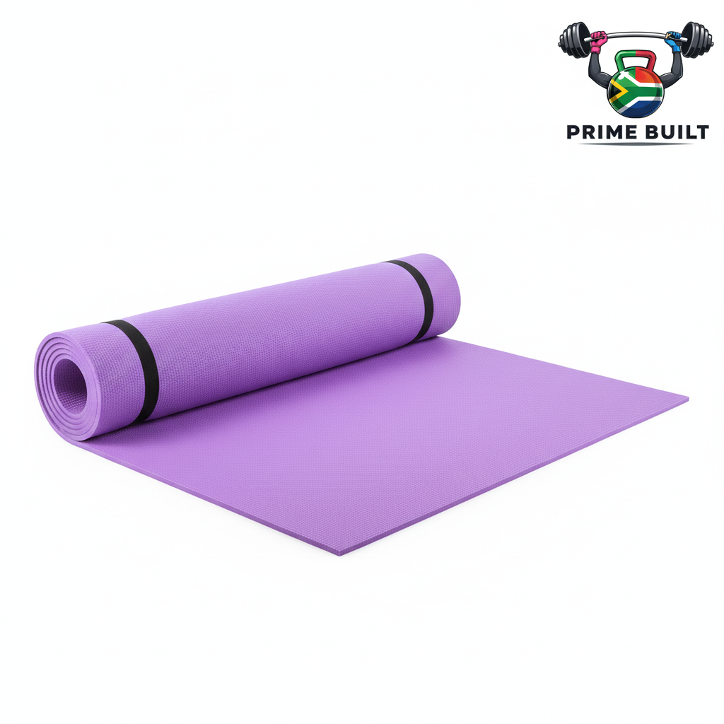 Purple exercise mat with Prime Built logo