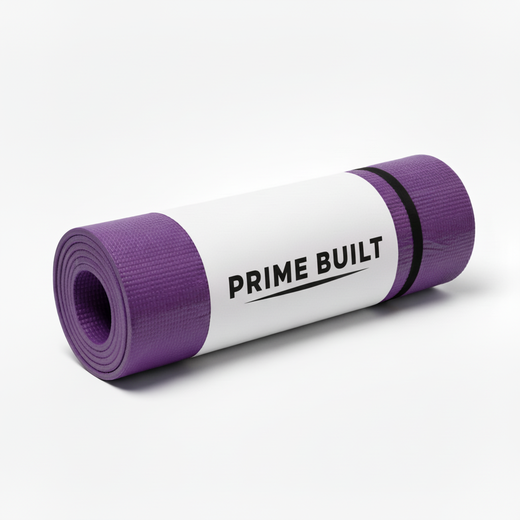 Purple yoga mat with bigger bold Prime Built text