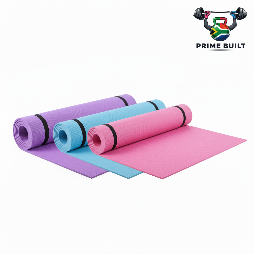 Three exercise mats in purple, light blue, and pink with Prime Built logo