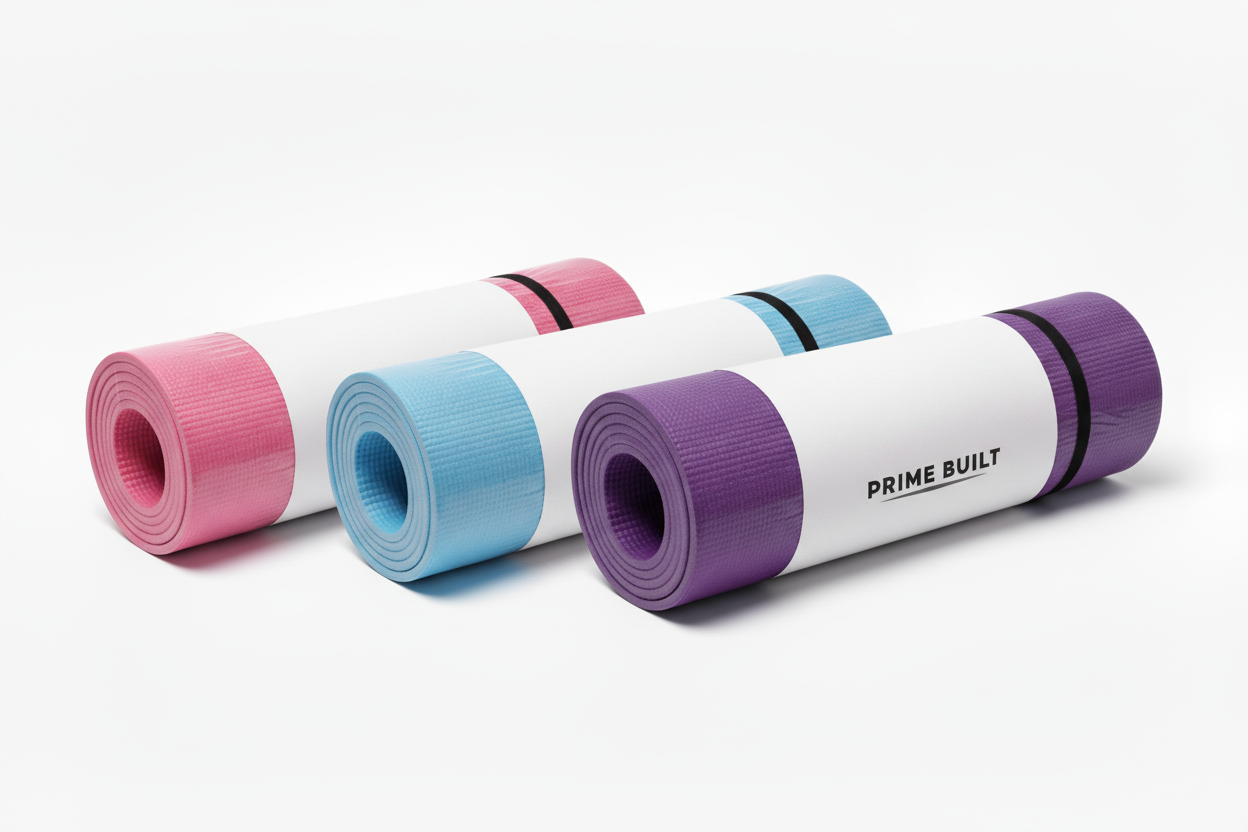 Three yoga mats in pink, light blue, and purple with Prime Built bands